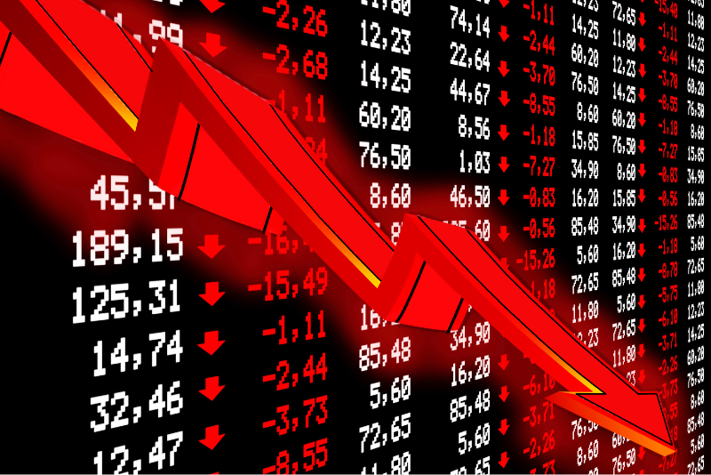 Graphique illustrant une forte baisse des marchés financiers, avec une flèche rouge descendante et des chiffres négatifs en arrière-plan