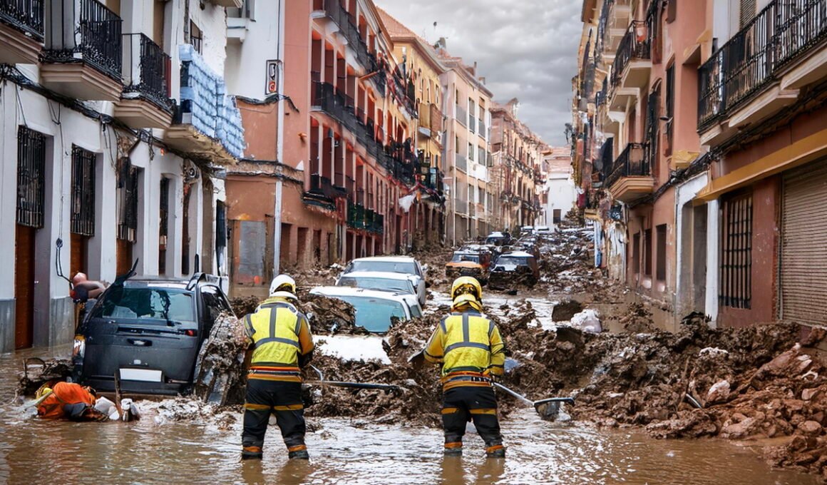 catastrophe climatique, inondation des sauveteurs font face à la crise