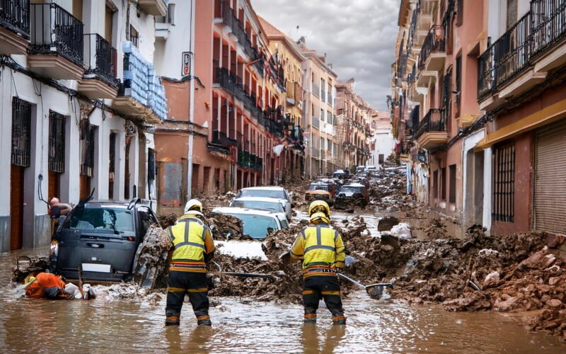 catastrophe climatique, inondation des sauveteurs font face à la crise