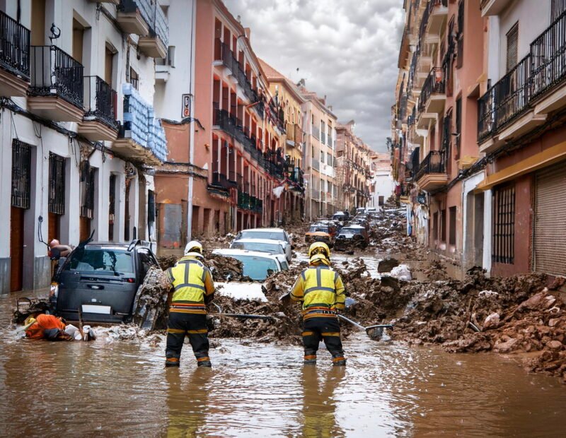 catastrophe climatique, inondation des sauveteurs font face à la crise